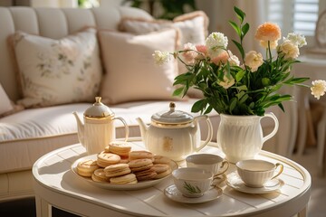 white porcelain tea set on a wooden table on a living room with natural light
