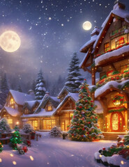 Winter is coming Snowy night with coniferous forest houses in snow light garlands falling snow forest landscape, winter and New Year holidays. Festive winter landscape. Christmas