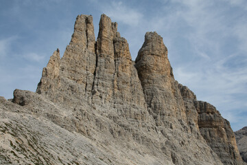 Panoramic view of Dolomites mountains - Vajolet Towers (Torri del Vajolet), in Fassa Valley (Val di Fassa) Dolomites, South Tyrol, Italy