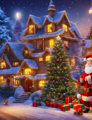 Winter is coming Snowy night with coniferous forest houses in snow light garlands falling snow forest landscape, winter and New Year holidays. Festive winter landscape. Christmas