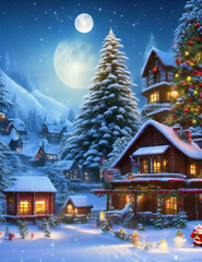 Winter is coming Snowy night with coniferous forest houses in snow light garlands falling snow forest landscape, winter and New Year holidays. Festive winter landscape. Christmas