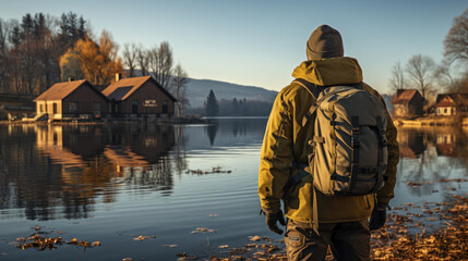 Naklejka premium Wandering man with backpack in front of the lake