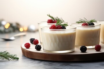 Four glasses of panna cotta pudding with berries on a tray. Fictional image. - Powered by Adobe