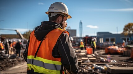 A friendly worker on a crowded construction site