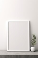 A white picture frame next to a potted plant. Imaginary photorealistic frame mockup.