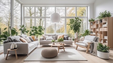 Scandinavian living room interior with plants in a cozy and light home. (Real photo)