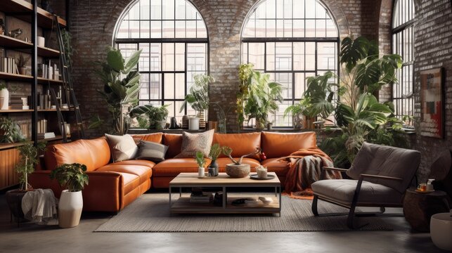 Loft style apartment with a cozy living room furnished with an eco leather sofa, plants, and boho chic decor.