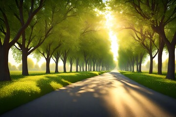 3D scene of bright green spring trees along a winding country road. Capture the beauty of the leaves illuminated by the late sun, creating a magical, almost surreal atmosphere. - obrazy, fototapety, plakaty