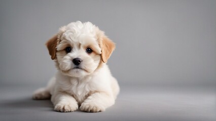 Obraz premium Cute puppy of maltipoo dog posing calmly lying isolated over white studio background domestic animal