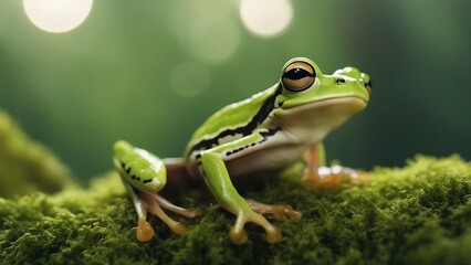 Obraz premium Green frog on moss 