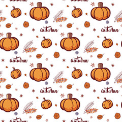 Vector colorful autumn natural seamless pattern with fall leaves, and pumpkins. With handwrite lettering word autumn