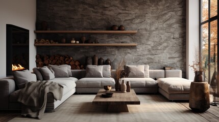 Fototapeta premium Interior design of living room with a cozy knitted blanket on a grey sofa.