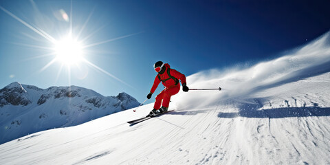 A dynamic winter scene with a fast-paced skier enjoying the snowy slopes of the Italian Alps on a sunny day.