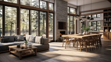 Fototapeta premium Living room view with large window, dining space with wooden table, and cozy area with TV and corner couch