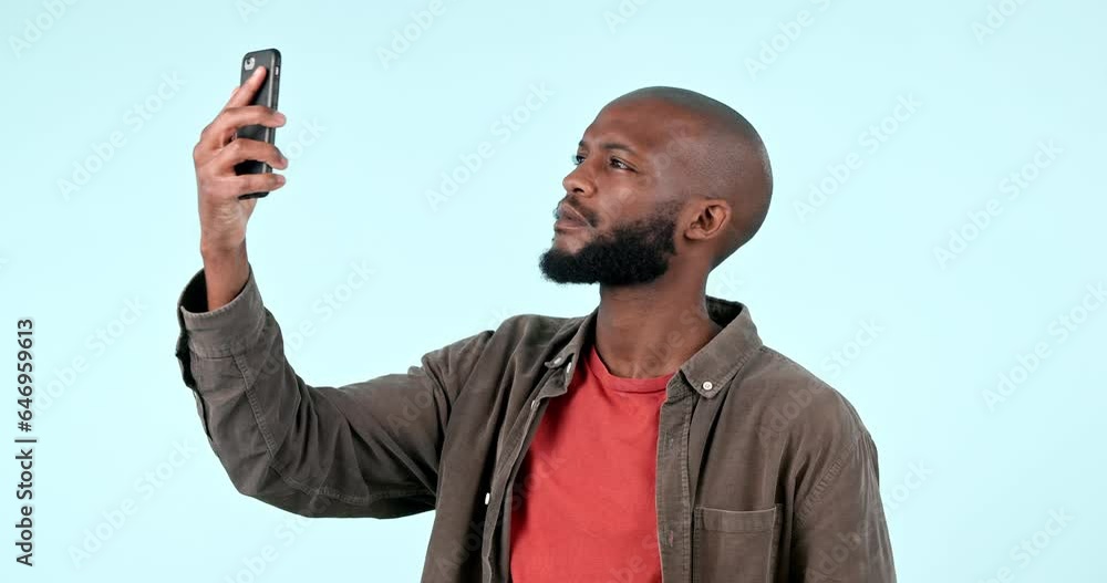Poster phone, problem and black man in studio with connection, signal or network search on blue background.