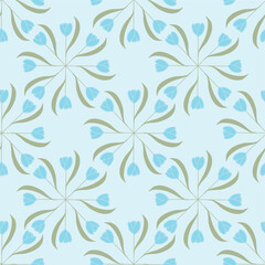 Fototapeta na wymiar Wreaths of Teal Blue Tulips are Scattered across this Baby Blue Background Creating a Seamless Vector Repeat Pattern Design