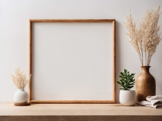 Frame mockup on a rustic wooden table, showcasing a charming rustic interior design, wooden table with a rustic frame for a vintage aesthetic, rustic decor with frame presentation on a wooden cabinet