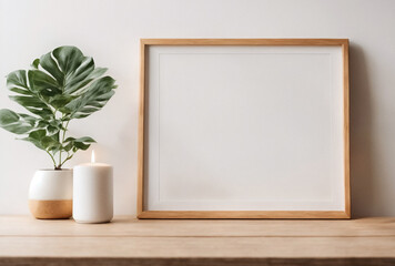 Fototapeta na wymiar Frame mockup on a rustic wooden table, showcasing a charming rustic interior design, wooden table with a rustic frame for a vintage aesthetic, rustic decor with frame presentation on a wooden cabinet