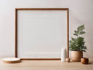Frame mockup on a rustic wooden table, showcasing a charming rustic interior design, wooden table with a rustic frame for a vintage aesthetic, rustic decor with frame presentation on a wooden cabinet