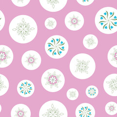 This Pink Background Features Various Sizes of White Dots with Wreaths of Pink Peonies, Teal Blue Tulips and Green Line Art Leaves Creating a Vector Repeat Seamless Pattern Design