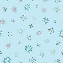 These Wreaths are Made with Pink Peonies, Purple Lilies,  Green Line Art Leaves, and Teal Blue Tulips Scattered Across a Light Blue Background Creating a Seamless Repeat Vector Pattern Design
