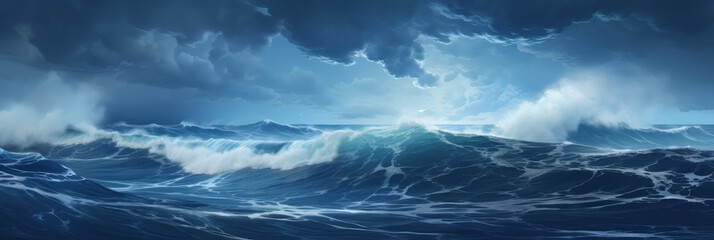 Blue wild sea with high waves, dark gloomy clouds, rain, storm, typhoon