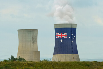 The Australian flag is depicted on the cooling tower of the nuclear power plant