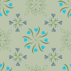 Fototapeta na wymiar Seamless Vector Repeat Pattern Design with Wheels of Purple Lilies, Teal Blue Tulips, and Green Line Art of Leaves Geometrically placed on a Green background.