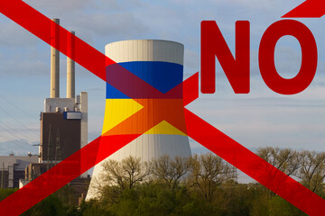 The flag of Ukraine is depicted on the cooling tower of the nuclear power plant, next to it is the...