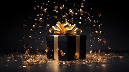 a stylish gift box with a beautifully tied ribbon bow, nestled amidst golden confetti on a sleek black background. The composition exudes sophistication and celebration. - Powered by Adobe