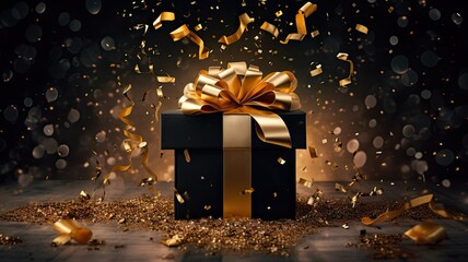 a stylish gift box with a beautifully tied ribbon bow, nestled amidst golden confetti on a sleek black background. The composition exudes sophistication and celebration.