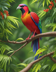 Colorful Parrot Perched on Branch in Vibrant Tropical Forest - AI Generated