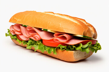 Submarine ham sandwich on a white background