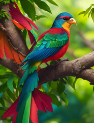 Fototapeta premium Colorful Parrot Perched on Branch in Vibrant Tropical Forest - AI Generated