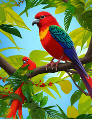 Colorful Parrot Perched on Branch in Vibrant Tropical Forest - AI Generated