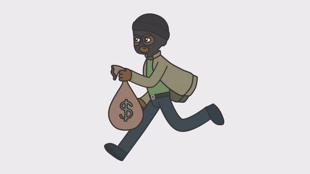 Black male criminal wearing mask runs holding a gun and bag of money in his hands. Looped 4K video with alpha-channel.