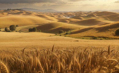 Fototapeta na wymiar A rolling hills of gold wheat field nature background.