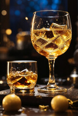 A glass of whiskey with blurred surroundings background.