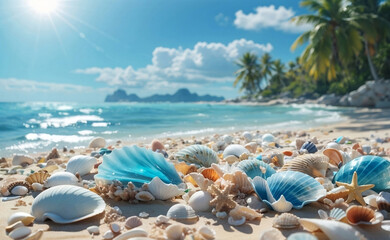 A beautiful paradise beach scene with shells.