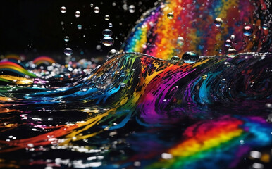 A bubbles and water splash with rainbow reflection water.