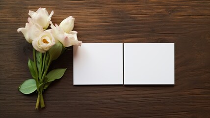 two blank business cards elegantly placed alongside fresh flowers on a wooden table. The flat lay, minimalist style, and light color palette emphasize the essence of professionalism and simplicity
