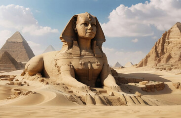 Fototapeta na wymiar The sphinx with Egyptian pyramids in desert.