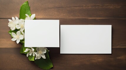 two blank business cards elegantly placed alongside fresh flowers on a wooden table. The flat lay, minimalist style, and light color palette emphasize the essence of professionalism and simplicity