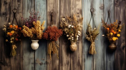 Decorative items on wooden wall with dried flowers.