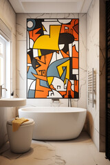 Modern Light Marble Bathroom with Bathtub, Shower, and Big Abstract Geometric Frame on the Wall