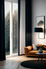 Modern scandinavian-style living room with light furniture, dark curtains, centered in frame, facing camera, symmetrical face, ideal human, 85mm lens, f8, photography, ultra details, natural light, li