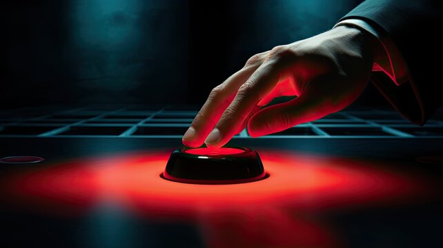 a man's hand hovering above a prominent red button set against a dark, suspenseful background. The image conveys the tension and gravity of an impending action.