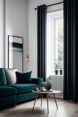 Modern scandinavian-style living room with light furniture, dark curtains, centered in frame, facing camera, symmetrical face, ideal human, 85mm lens, f8, photography, ultra details, natural light, li