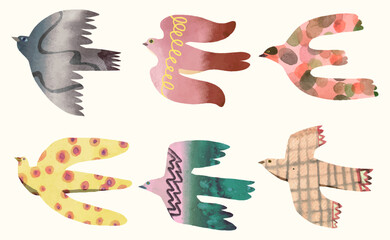 Birds, watercolor painting. vector illustration of animal collection. isolated. freedom concept artwork