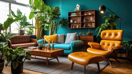 Inspiring office interior design Mid-century style Lounge featuring Retro furniture architecture. Generative AI AIG 31.